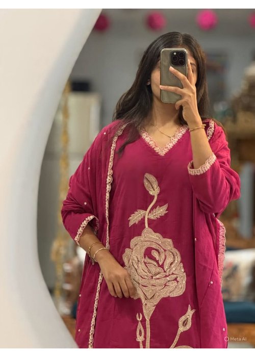 Pure Mul Cotton Floral Embroidered Pant Set