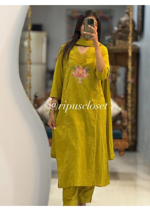 Cotton Khadi Embroidered Kurti Pant Suit Set