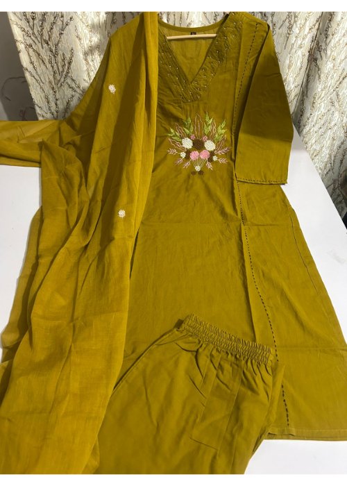 Cotton Khadi Embroidered Kurti Pant Suit Set