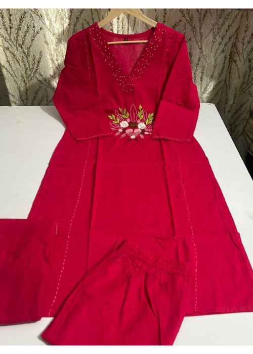 Cotton Khadi Embroidered Kurti Pant Suit Set