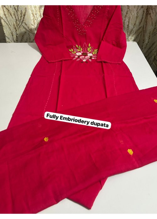 Cotton Khadi Embroidered Kurti Pant Suit Set