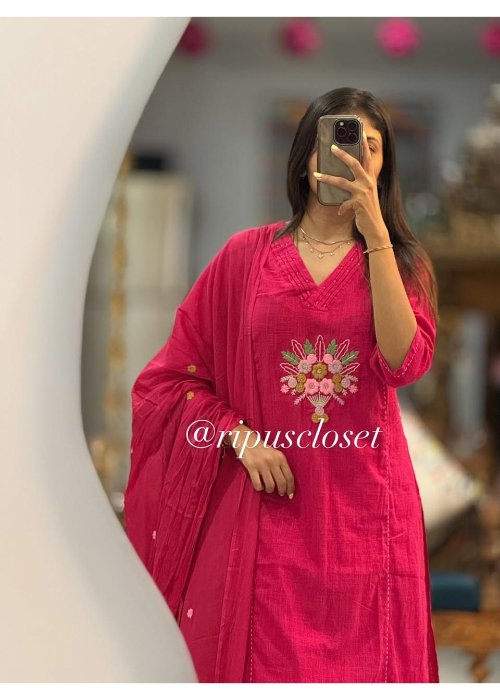 Cotton Khadi Embroidered Kurti Pant Suit Set