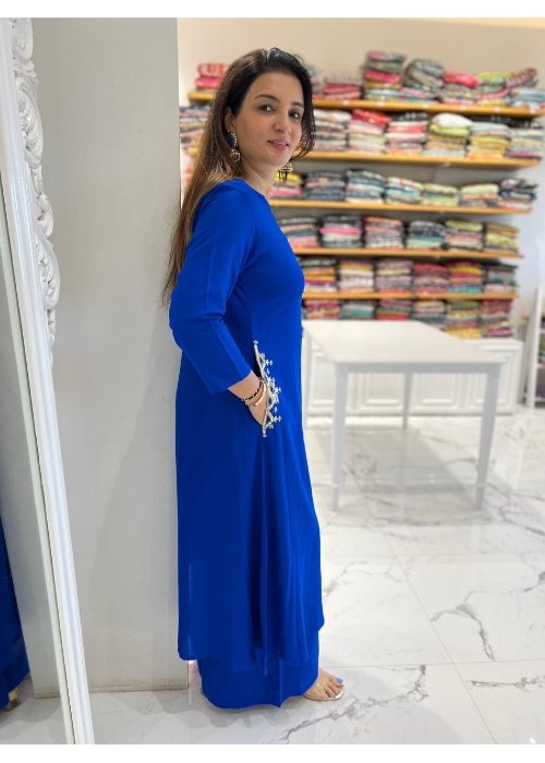 Blue Pure Cotton Kurti Palazzo Set