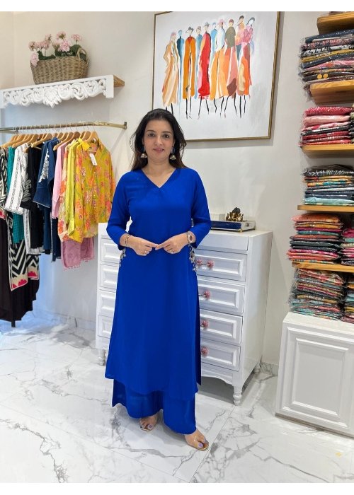 Blue Pure Cotton Kurti Palazzo Set