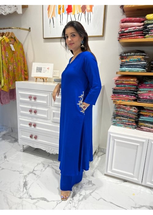 Blue Pure Cotton Kurti Palazzo Set