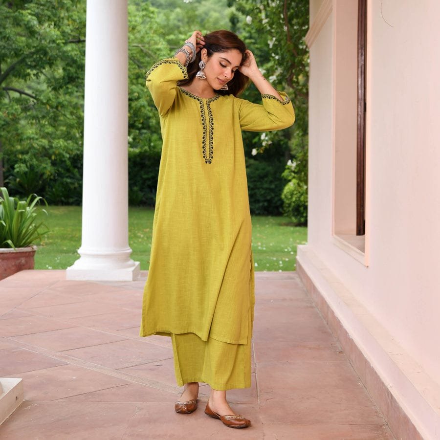 Cotton Slub Thread Work Kurti Palazzo Set