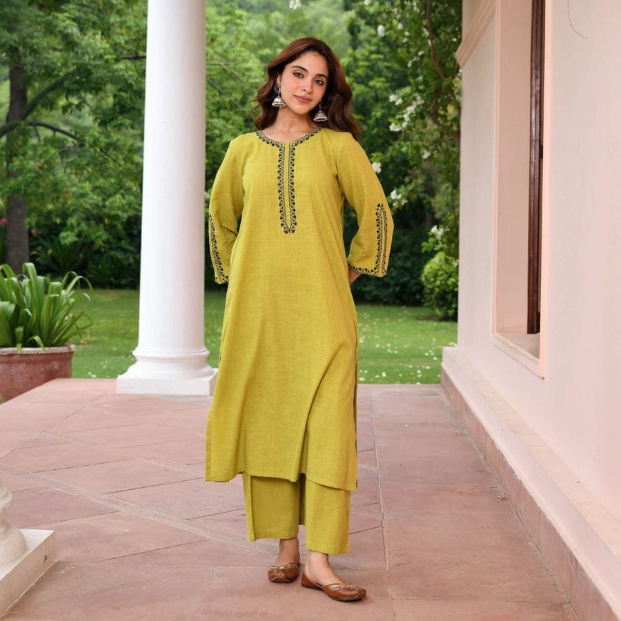 Cotton Slub Thread Work Kurti Palazzo Set