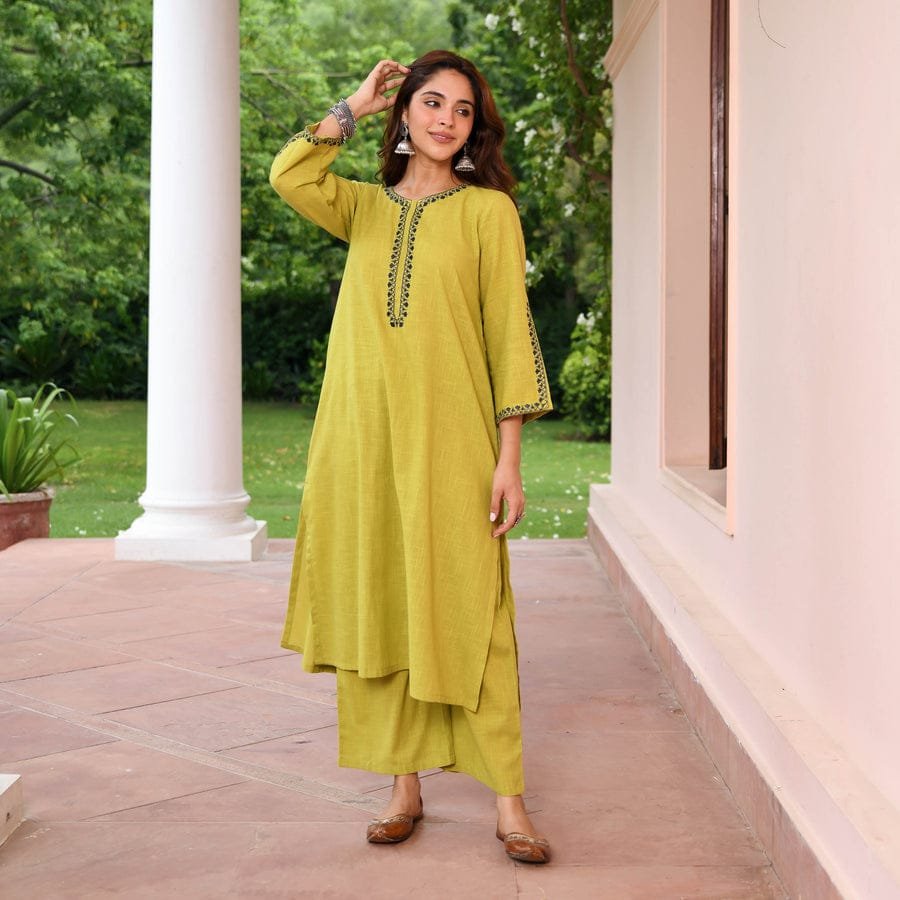 Cotton Slub Thread Work Kurti Palazzo Set