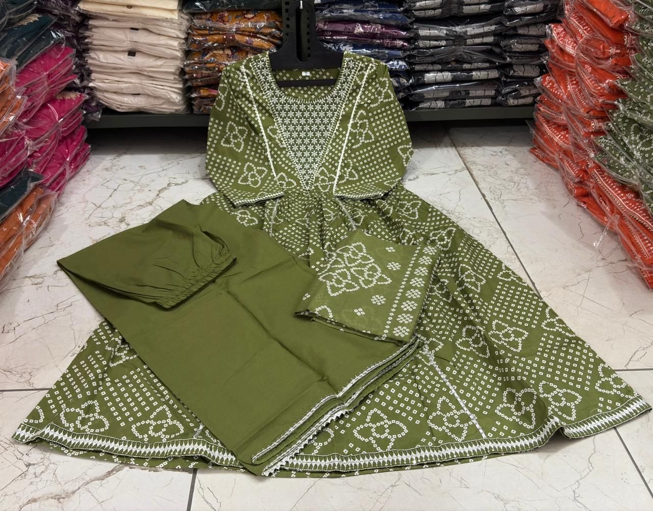 Green Cotton Embroidered 3-Piece Suit Set