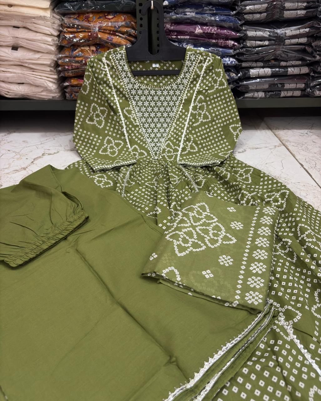 Green Cotton Embroidered 3-Piece Suit Set