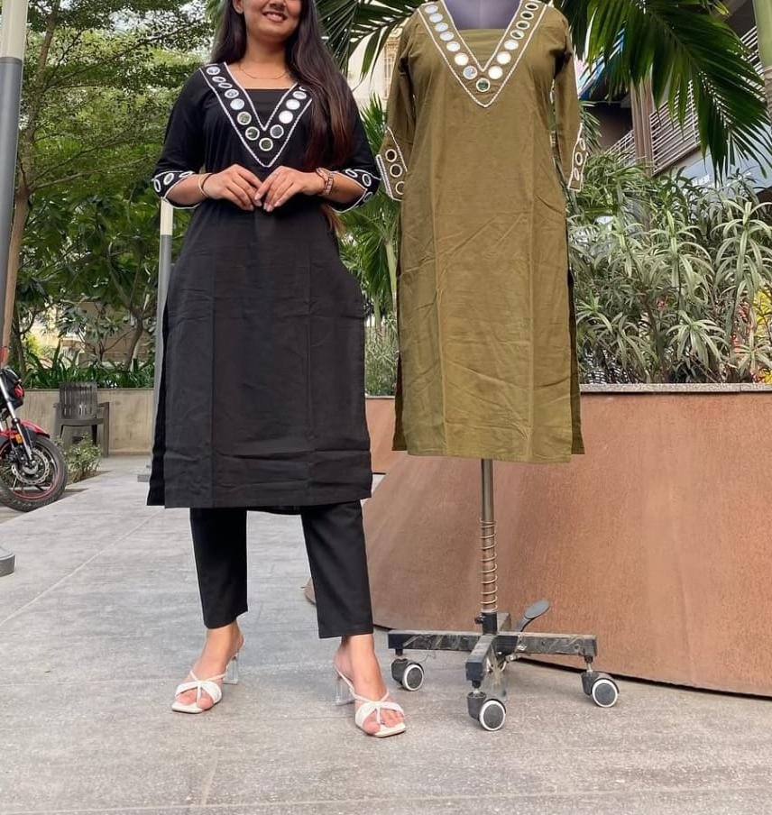 Black Cotton Kurti Pant Set with Mirror Embroidery
