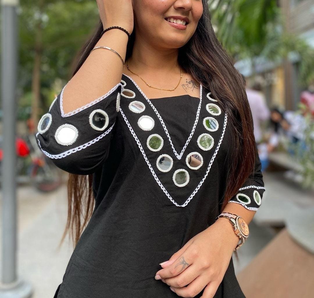 Black Cotton Kurti Pant Set with Mirror Embroidery