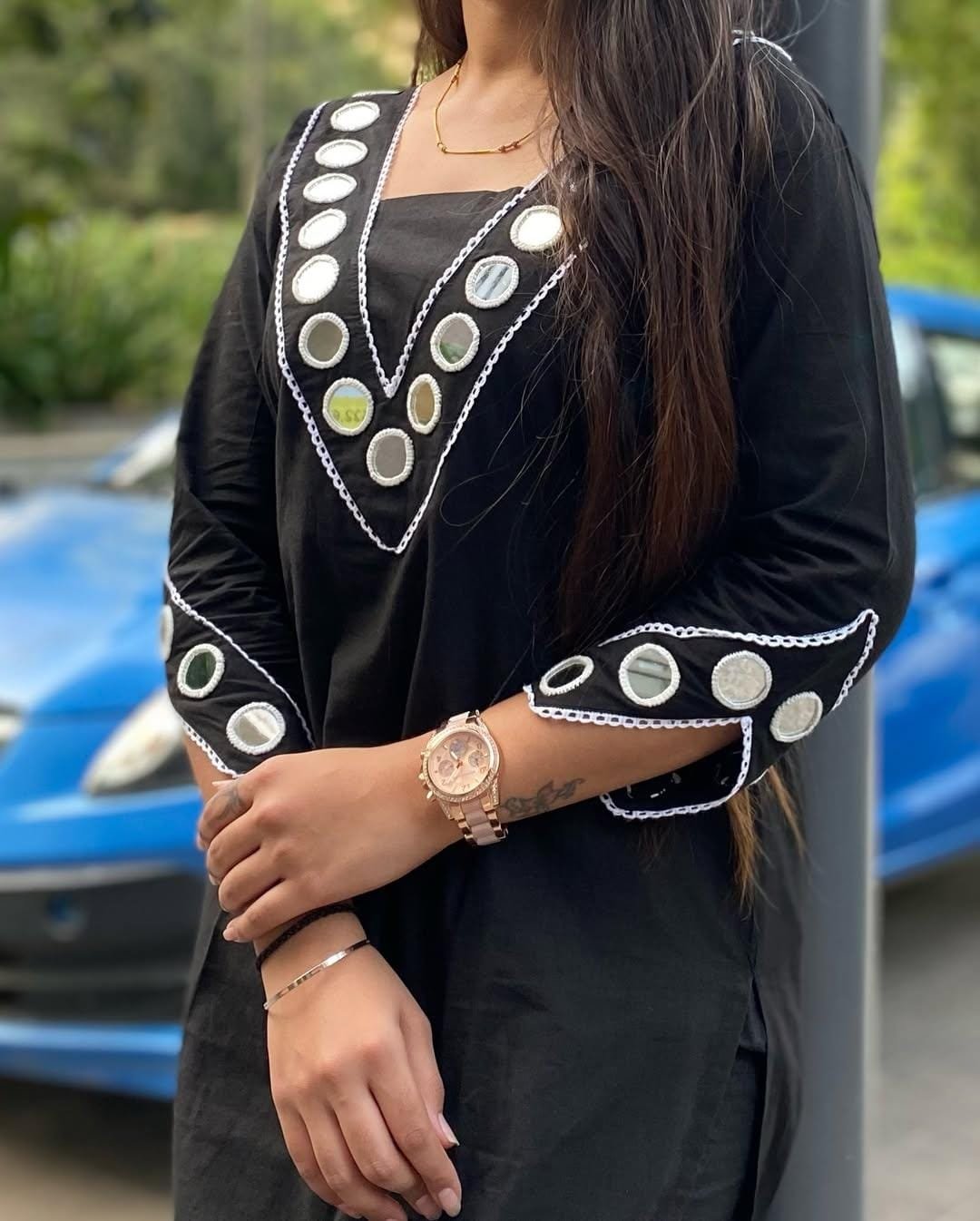 Black Cotton Kurti Pant Set with Mirror Embroidery