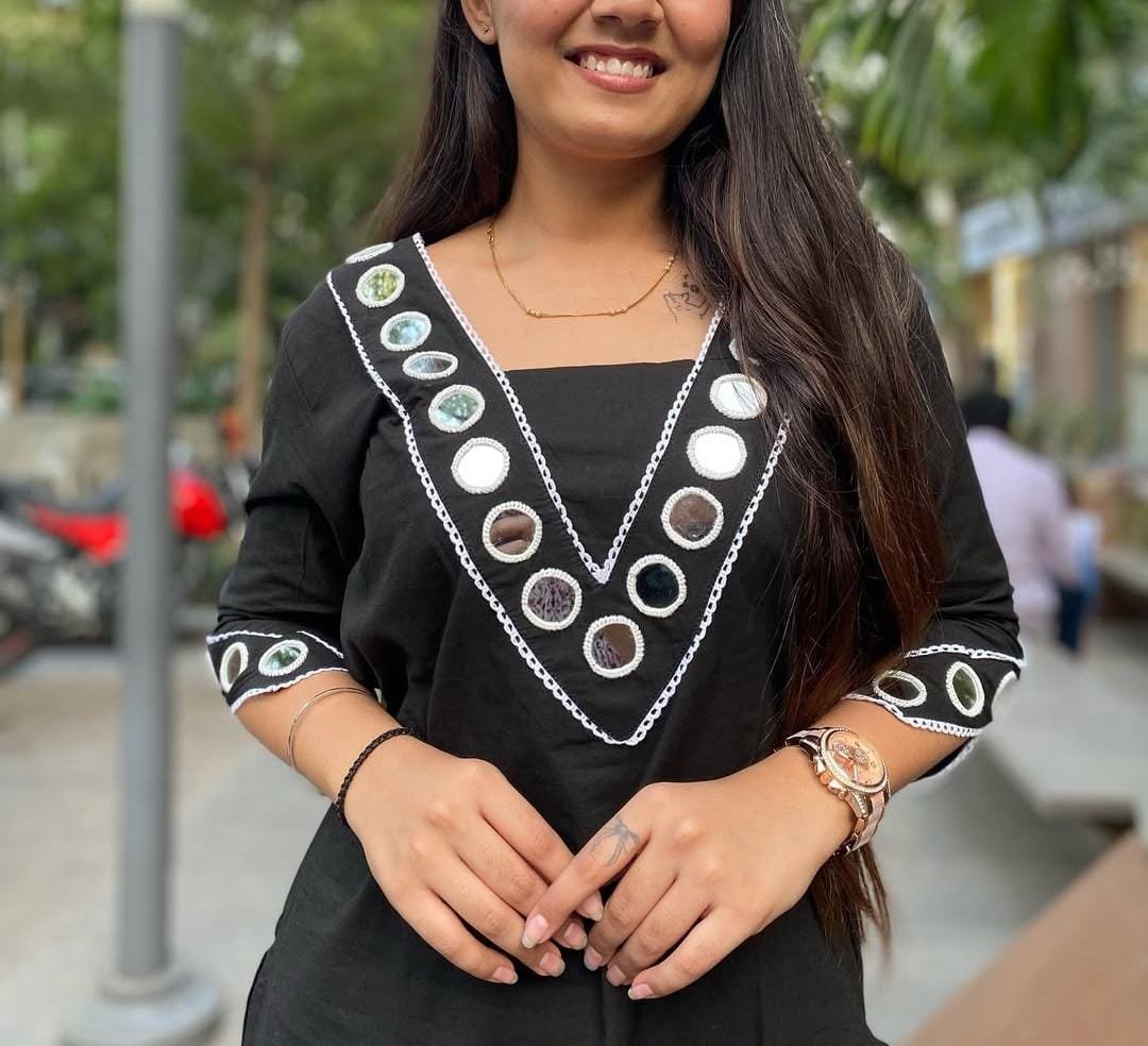 Black Cotton Kurti Pant Set with Mirror Embroidery