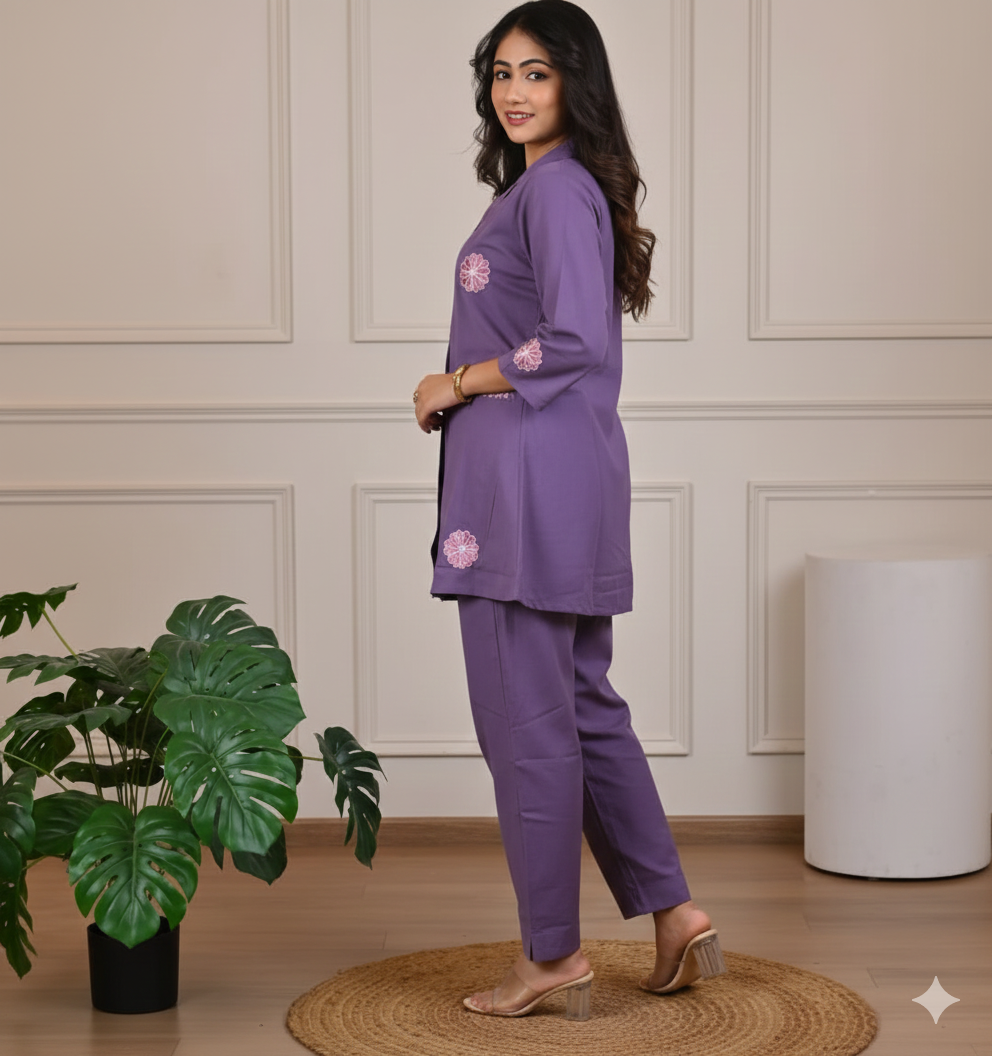 Purple Cotton Slub Angrakha Embroidered Co-Ord Set