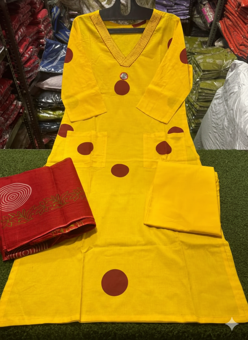Yellow Cotton Handblock Kurti Pant Dupatta Set