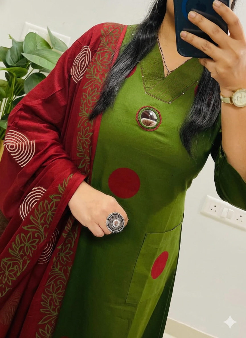 Green Cotton Handblock Kurti Pant Dupatta Set