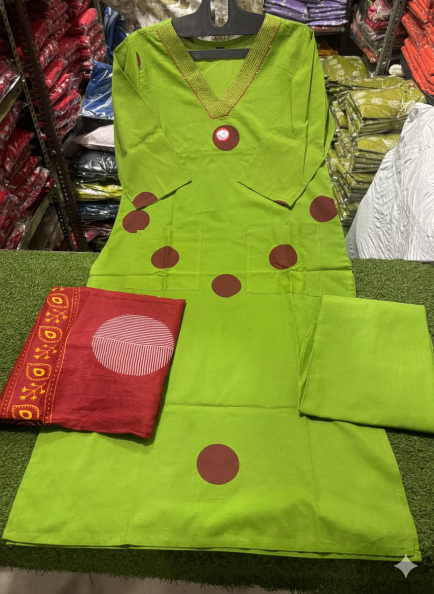 Green Cotton Handblock Kurti Pant Dupatta Set