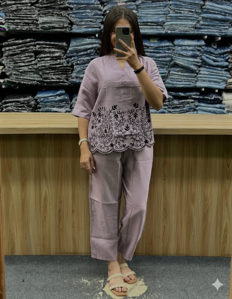 Grey Chikankari Cotton Slub Co-Ord Set