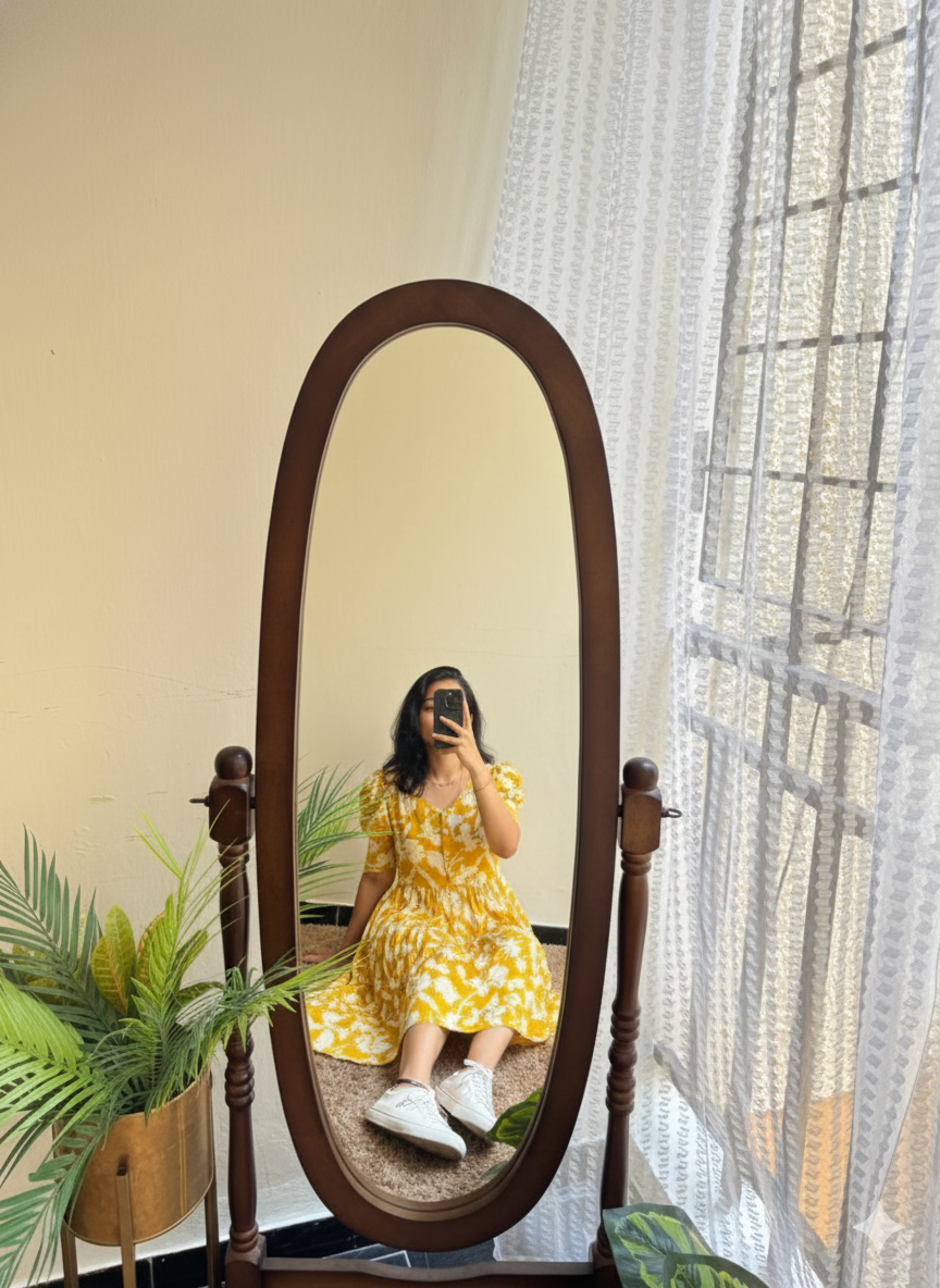 Yellow Printed Cotton Midi Gown Dress