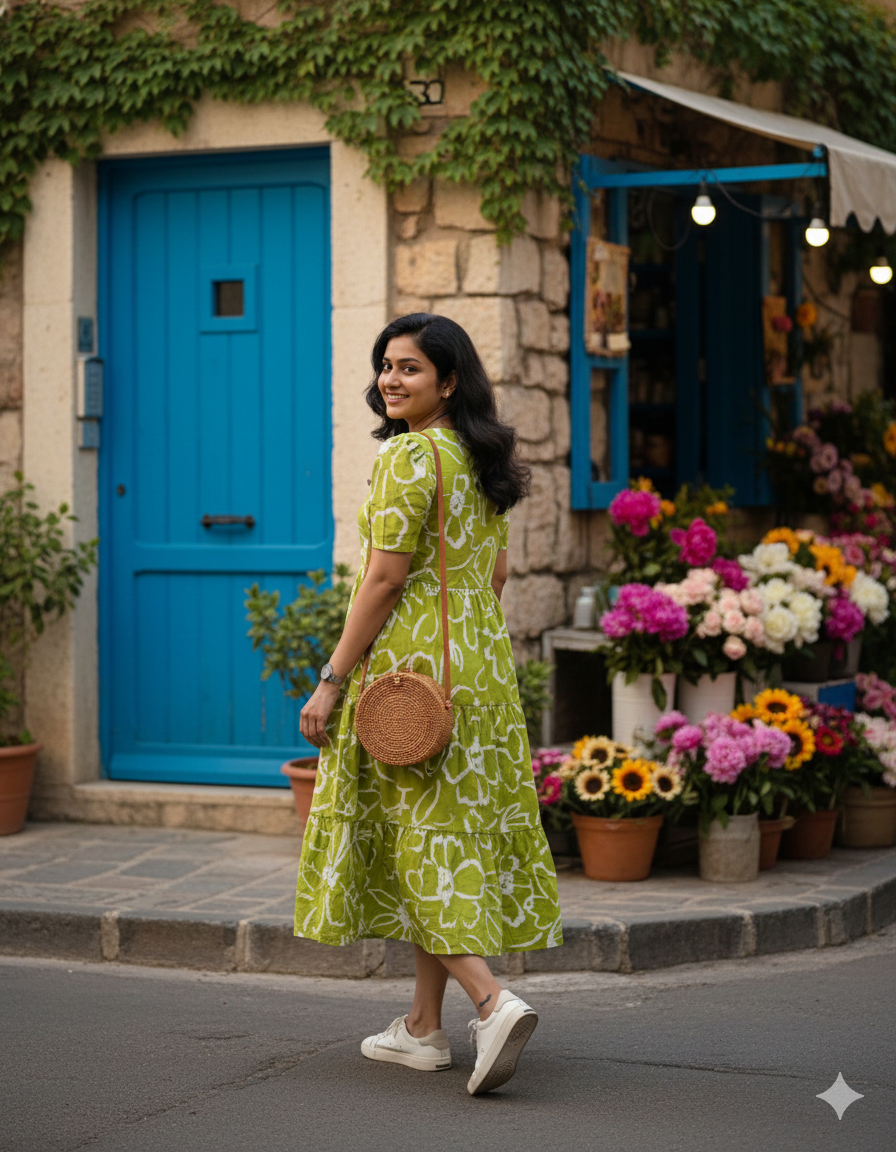 Green Printed Cotton Midi Gown Dress