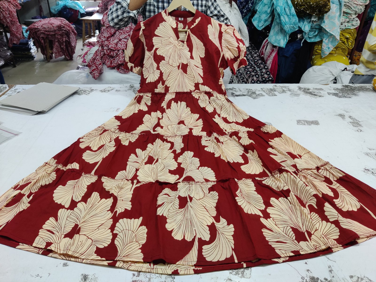 Maroon Printed Cotton Midi Gown Dress