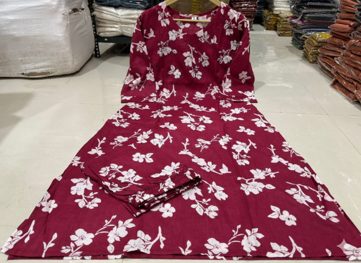Maroon Flared A-Line Cotton Kurti Plazzo Set