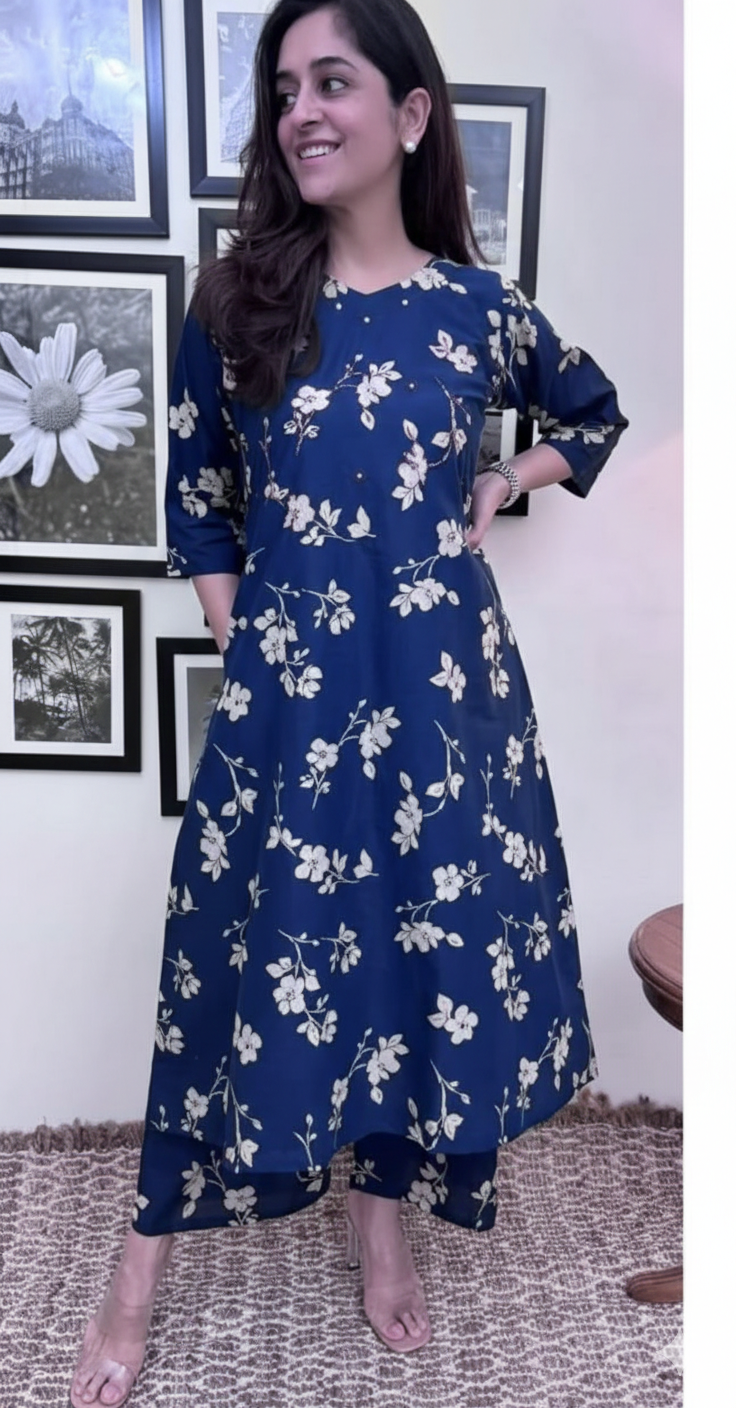 Blue Flared A-Line Cotton Kurti Plazzo Set