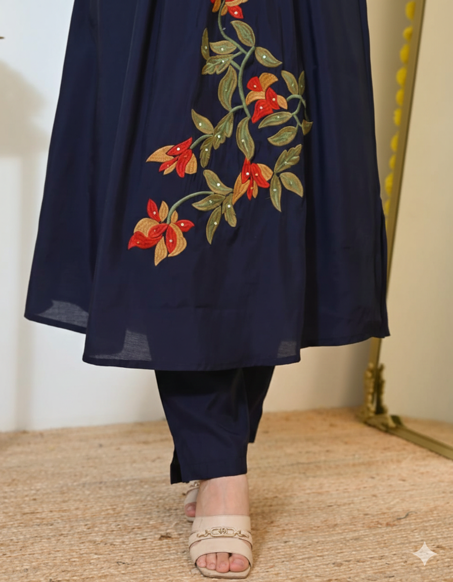Blue Pintex Embroidered Summer Cotton Kurti