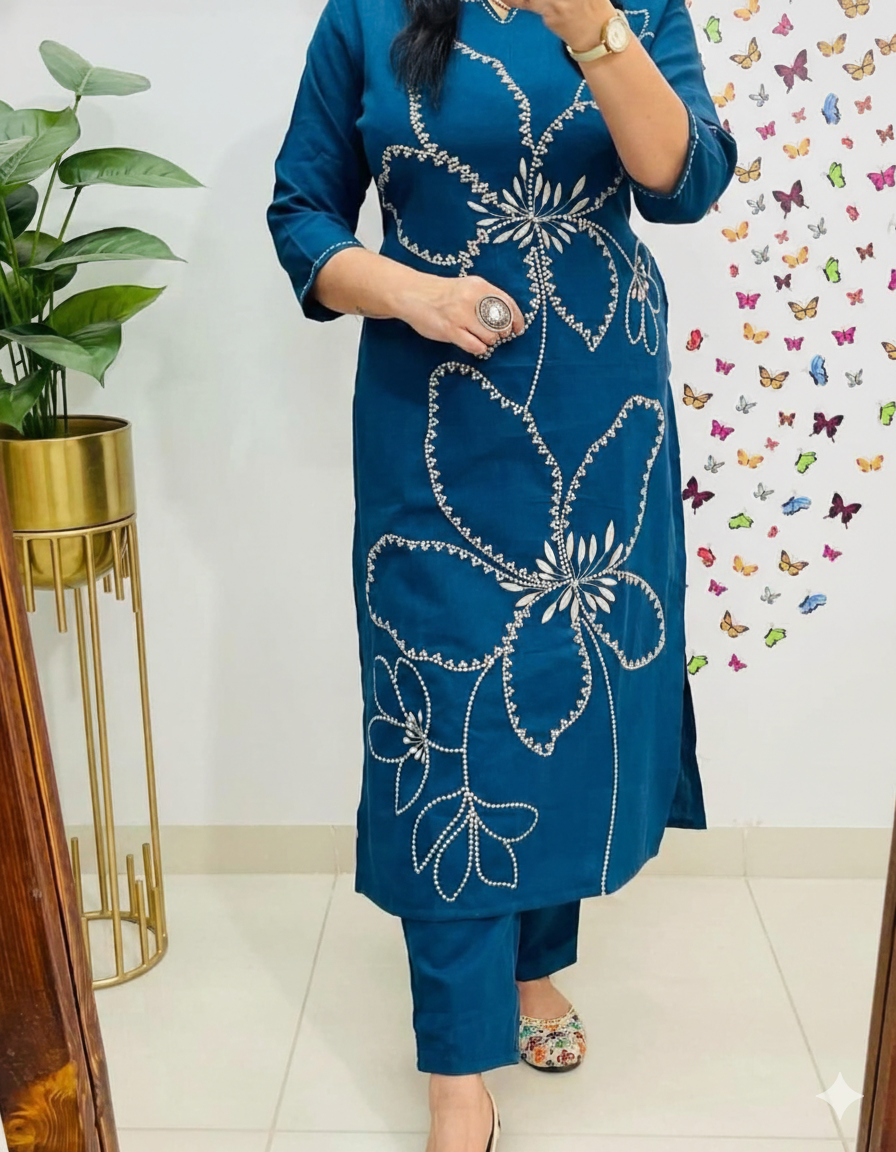 Blue Heavy Cotton 60x60 Embroidered Kurti Pant Set