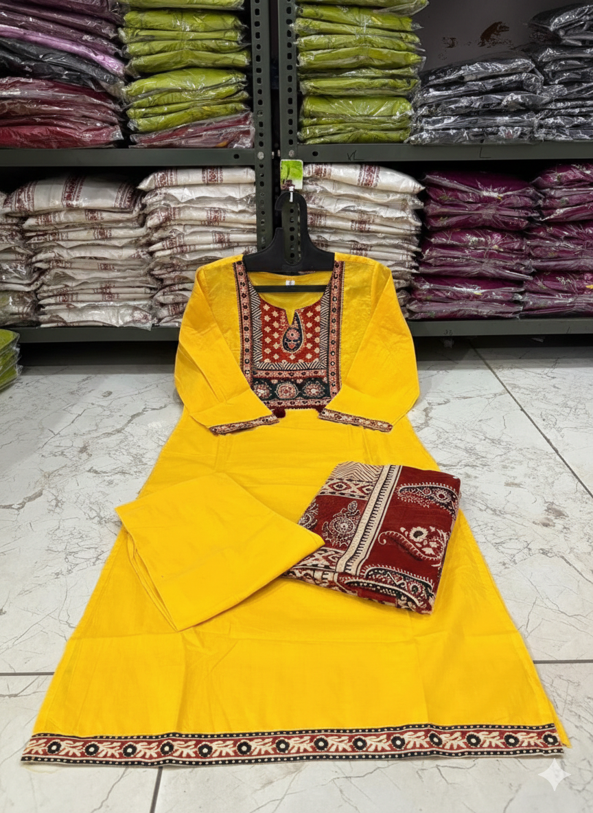 Yellow Voluminous Cotton Suit Set with Dupatta