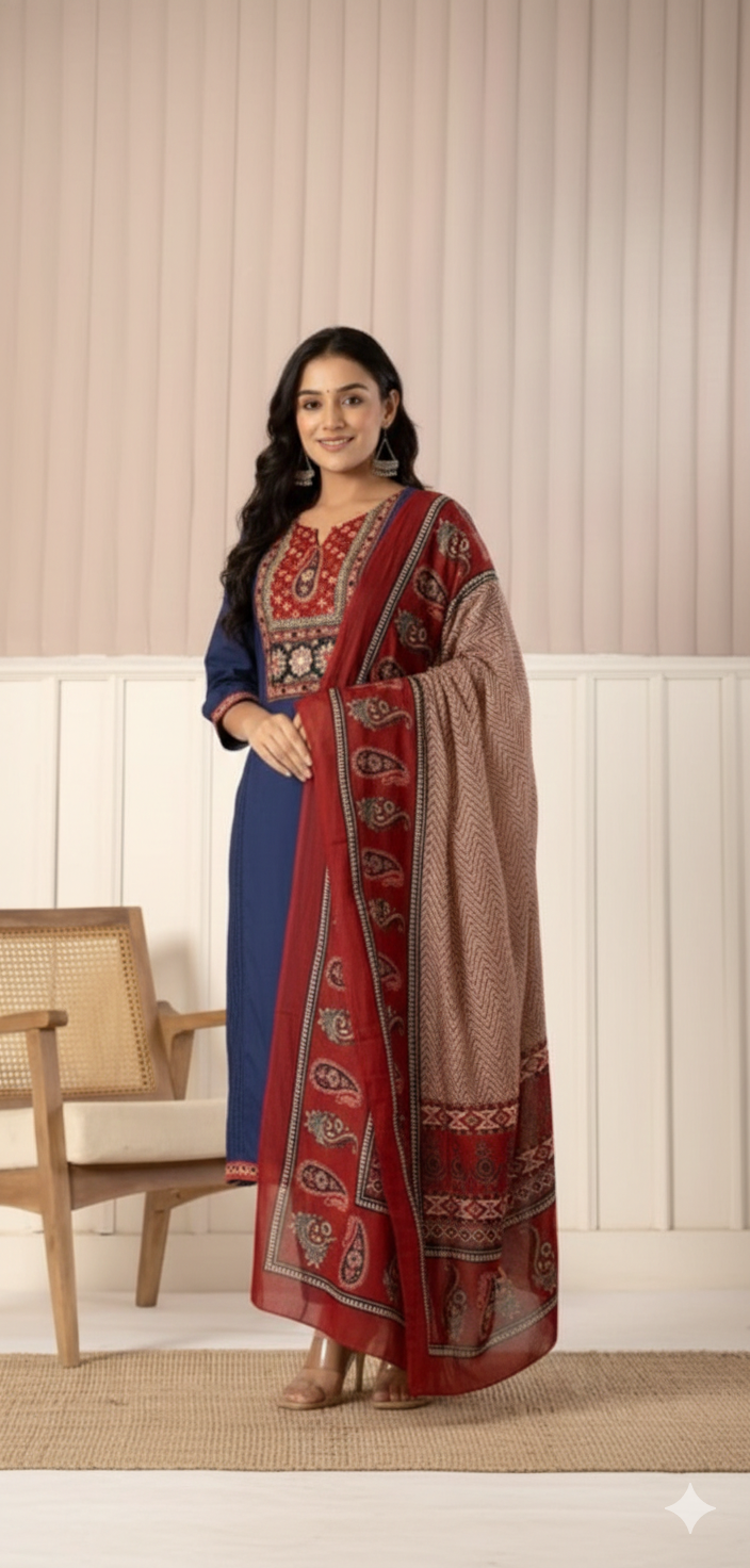 Blue Voluminous Cotton Suit Set with Dupatta